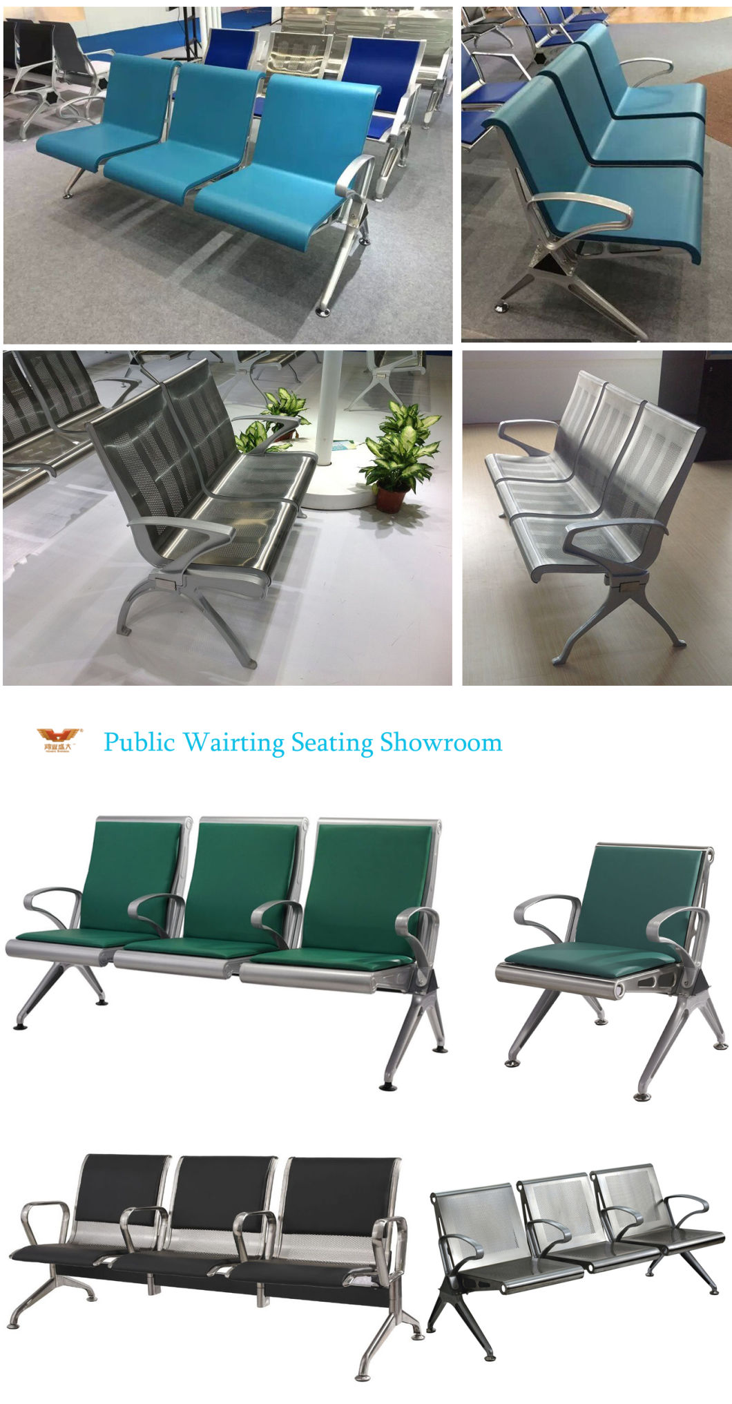 High Quality 2/3/4/6 Passenger Stainless Steel Public Bench Waiting Seating Airport Chair with Metal Frame &PU Padding #in Stock Health Center (HY500-K03CS)